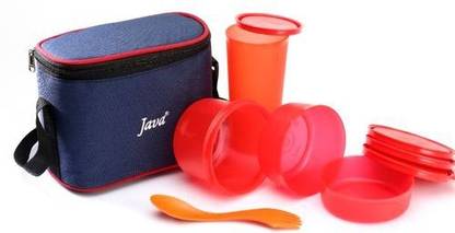 JAVA Oval Lunch Box Pack of 4 Red 3 Containers Plastic Office Lunch Box