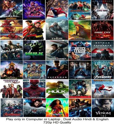 Avengers (all parts) , Spider-Man (all parts) , Iron Man (all parts) , Guardians of the Galaxy 1 & 2 , G.I. Joe (all parts) , Captain America 1 & 2 , Justice League , Dawn of Justice , Doctor Strange , Thor (all parts) , Superman returns , Man of steel , Incredible Hulk , Ant-man and The Wasp , Wonder Woman 1984 , Black Panther , Venom 1 & 2 (36 Movies Name in the Description ) in Hindi & English Play only in Computer or Laptop it's DURN DATA DVD not original without poster HD Print quality