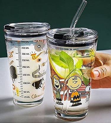 KINJAY (Pack of 2) Beverage Random Design Printed Mug with lid Straw Set 0F 2 Fruit Cold Drinking Glass Water/Juice Glass