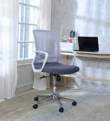 MISURAA Easy White Adjustable Nylon Mesh back Modern Ergonomic Office Chair with Lumber Support | Single Point Recline locking Mechanism with Tilt Tension control | Heavy Duty Caster Wheels Fabric Office Executive Chair