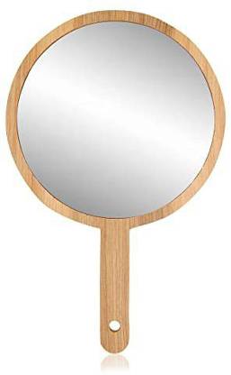 Victor Enterprise Wooden handle mirror round shape for shaving, makeup & grooming - 10.5"