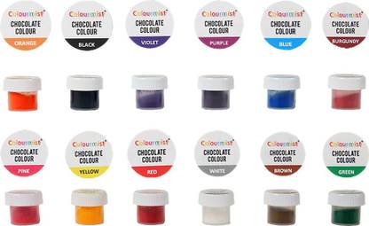 Colourmist Edible Chocolate Powder Colour Assorted 1.5g each, Pack of 12 Colours (Green, Orange, Red, Pink, Yellow, Violet, Blue, Burgundy, Purple, Brown, White, Black) - BV 3005 Multicolor