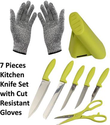 GTC 1 Pair Cut Resistant Gloves(319-1,Grey) With 7 Pieces Kitchen Knife Set(PA015,Green) Kitchen Tool Set