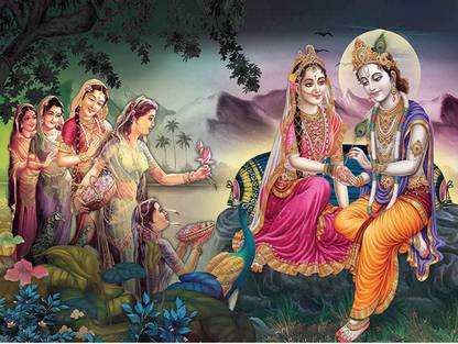 Masstone Radha Krishna with Gopis Religious Sparkle Coated Self Adhesive Painting Without Frame Digital Reprint 18 inch x 24 inch Painting