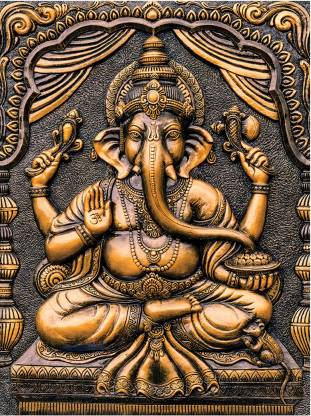 Masstone Gold Ganesha Religious Sparkle Coated Self Adhesive Painting Without Frame Digital Reprint 24 inch x 18 inch Painting