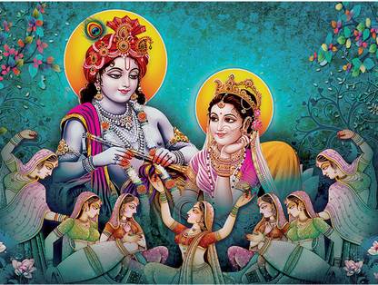Masstone Radha Krishna with Gopis Religious Sparkle Coated Self Adhesive Painting Without Frame Digital Reprint 18 inch x 24 inch Painting