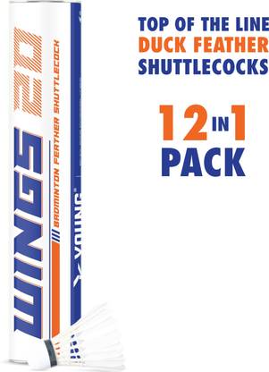 Young Wings 20 Duck Feather Shuttlecocks | Top Grade Natural cork | 12 in 1 Feather Shuttle  - White