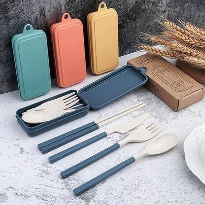 Newvent 4 in 1 Foldable Plastic Spoon, Fork, Knife and Chopsticks Set | Portable & Reusable Wheat Straw Cutlery Set with Box (Pack Of 1, Multicolour) Plastic Cream Spoon, Ice Tea Spoon, Ice-cream Spoon, Measuring Spoon, Olive Spoon, Salad Spoon, Serving Spoon, Soup Spoon, Sugar Spoon, Table Spoon