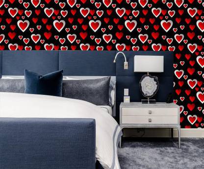 A.T PRINTING SERVICES 40.64 cm black background red heart Self Adhesive Wallpaper size ( 16 x 96) Inch Self Adhesive Sticker