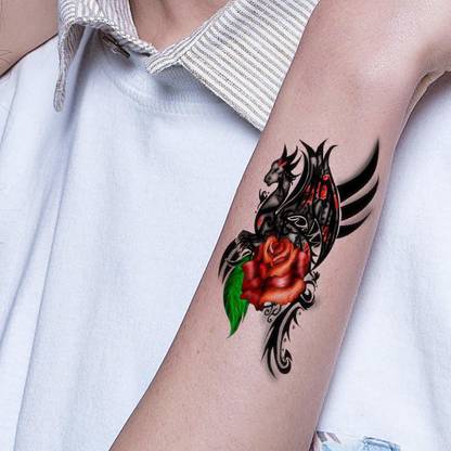 komstec Rose With Dragon Tribal Tattoo Temporary Tattoo For Male And Female Tattoo