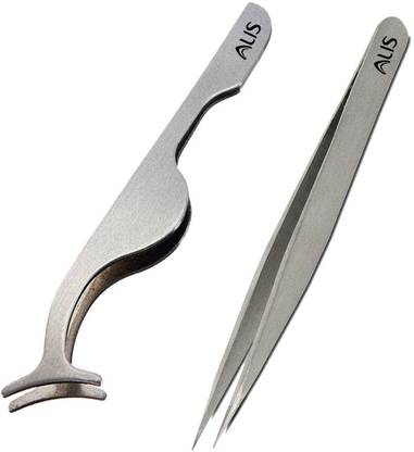 alis False Eyelashes Applicator Kit | Fish Tail Clip Tweezers for Lashes Application & Removal | Eyelash Extension Tweezers Set of 2 Silver (Lashes_Tweezer_Silver)