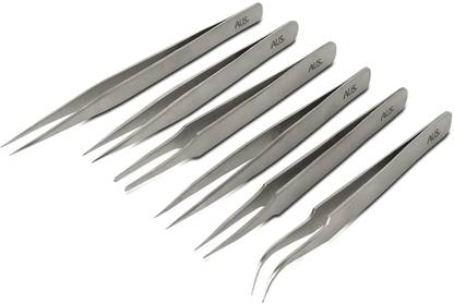 alis 6 Pcs ESD Precision Multifunction Tweezers Set, Upgraded Professional Anti-Static Tweezers for Electronics, Crafting, Jewellery Tool Kit, SS Set of 6 (Stainless Steel)