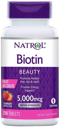 Natrol Biotin 5000 mcg, Strawberry Flavor, Fast Dissolve Tablets Extra Strength 250 Count