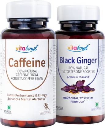 vitabowl Caffeine for Instant Energy & Black Ginger for Testosterone Booster Capsule
