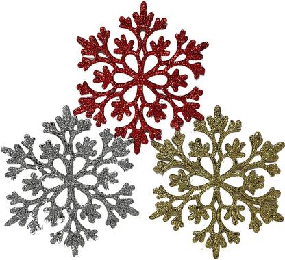 EXCEL IMPEX Red, Silver & Golden Glitter Snowflakes Ornaments Set for Christmas Tree Decoration Hangings Item Christmas Party Wedding Anniversary Props Favors Hanging Snow Flake Pack of 3