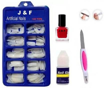 J & F Empress Curve 100 Artificial Nails With Glue White , Red Nail Polish With Nail Filer White