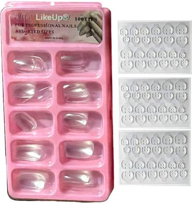 LikeUp New Gorgeous 100Pic transparent Reusable Artificial Nail Tips Best False Nails with 3 sheet nail tab sticker Transparent