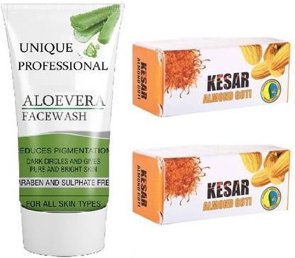 UNIQUE PROFESSIONAL ALOEVERA FACE WASH 100 ML + KESAR ALMOND GOTI FAIRNESS FACIAL 25 GR PACK OF 2