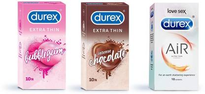 ड्यूरेक्स Condom Pack of 3*10(Air+Bubble+Chocolate) कंडोम