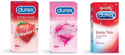 ड्यूरेक्स Condom Pack of 3*10(Strawberry+Bubble+Thin) कंडोम