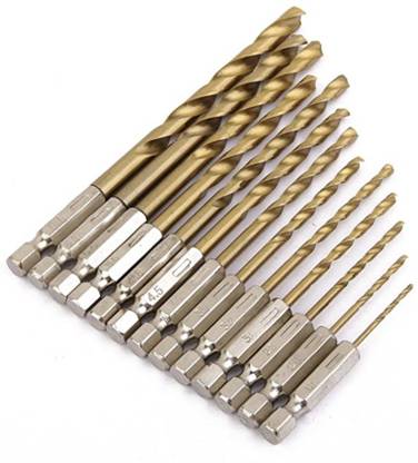 Vinayakart 13 pcs Hex Shank Twist Drill Titanium Coated Bit Set for Soft Metal, Wood, Plastic, Quick Change. Hex Shank Twist Drill Titanium Coated Bit Set 13 Pcs