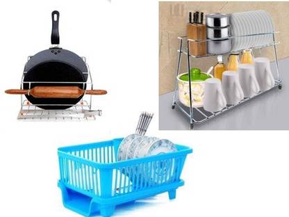 Value Adds Containers Kitchen Rack Steel, Plastic Present a combo pack of 3 In 1 Drain Basket with Utensil Holder And Tray Dish Drainer + Stainless Steel 2-Tier Spice Rack Container Organizer/Basket for Boxes Utensils Dishes Plates for Home and Kitchen & Stainless Steel 4 in 1 Chakla/ Belan / Tawa / Chimta Stand Chakla / Belan Stand.