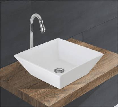 Bherunath Table Top Wash Basin For Bathroom | Counter Top Wash Basin For Living Room | Ceramic Table Top Premium Ceramic Wash Basin/Vessel Sink Slim Rim for Bathroom Square 14 X 14 Inch White Counter Top