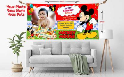 Customized Gift Shop 87 Personalized Happy Birthday Photo And Name Printed Wall Hanging Backdrop Flex Banner For House Party Studio | Micky Mouse Cartoon Theme | Best Gift For Kids Birthday Send Photos On This WhatsApp No. +91 8976457690 We Will Share You Sample Design Before Printing It | Multicolour | 2x4 feet Banner