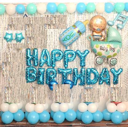 SHOPTIONS blue birthday combo with cradel-13 pc happy birthday foi,1 cradel,2 star,1 baby foil,1 bottle,2 curtain,32. ballon-pack of 50