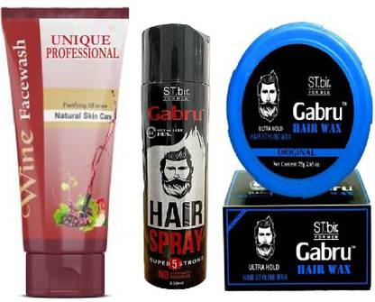 UNIQUE PROFESSIONAL WINE FACE WASH 100 ML + GABRU STRONG HOLD HAIR SPRAY 250 ML + GABRU ULTRA HOLD HAIR STYLING WAX 75 GR