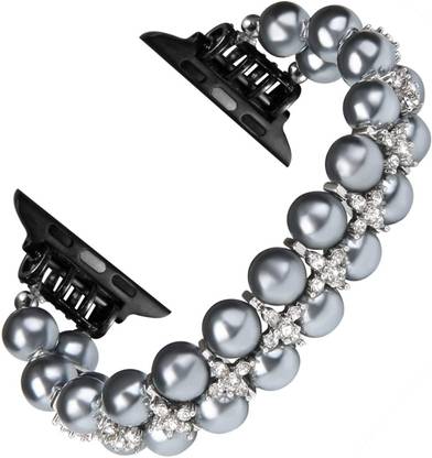 RS Collections Pearl Bracelet Compatible with Apple Watch Band 38/40/41mm iWatch Series 7/6/5/4/3/2/1, Handpicked Artificial Elastic Stretch Bling Diamond Jewelry Wristband Replacement Strap for Women (BLACK) Smart Watch Strap