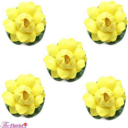 The Florist Artificial Medium Floating Foam Lotus Flower with Water Lily Pad Yellow Lotus Artificial Flower