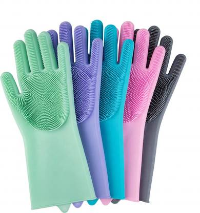 Qozent Magic Silicon Gloves For Cleaning Set- Gloves with Wash Scrubber, Reusable Brush Heat Resistant Gloves Kitchen Tool for Cleaning, Dish Washing, Washing The Car, Pet Hair Care (Multicolour, 1 Pair, free size) Wet and Dry Glove