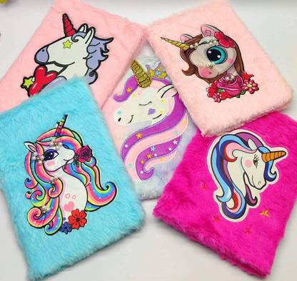 PRAYOSHA ENTERPRISE Cute Unicorn Fur Notebook Diary with Pink pen A5 Diary Single rule 100 Pages