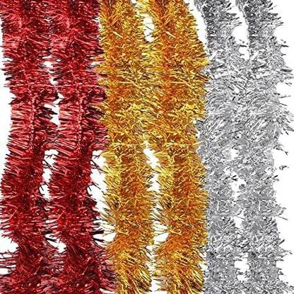 DIKANSHA 6 Pcs Artifficial Red Gold Silver Shiny Tinsel Christmas Strings,Garlands Ribbon for New Year Xmas Christmas and Tree Decoration 6 Ft Ribbon Garlands Pack of 6