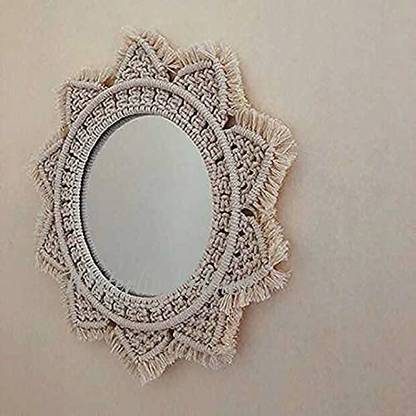Waterlily House Macrame Handmade Beautiful Wall Mirror for Apartment Living Room Bedroom Macrame Hanging Round Decorative.(Size:32.1 x 30.8 x 3.4 cm) Off White Tapestry