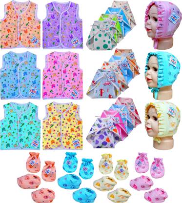 V.B.K Baby Boy and Baby Girl Clothing Set / Gift Set With Jabla (6 Pcs), Nappy (Langot) (12 Pcs), Hand Mittens (Gloves) (4 Pair), Leg Booties (Socks) (4 Pair) and Cap (3 Pcs), Pure Hosiery and Cotton Skin Friendly Fabric, 0 to 6 Months