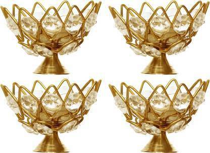 nsk Brass Crystal Kamal Diya 4 Pieces Combo SET POOJA AND Decorative diya Height ( 2.5) inch Brass (Pack of 4) Table Diya Set