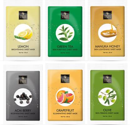 GOOD VIBES Sheet Masks Combo (Pack of 6) - Lemon, Green Tea, Manuka Honey, Olive, Grapefruit, Acai Berry