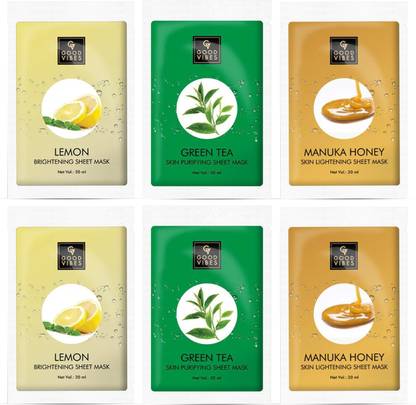 GOOD VIBES Sheet Masks Combo (Pack of 6) - Lemon, Green Tea, Manuka Honey