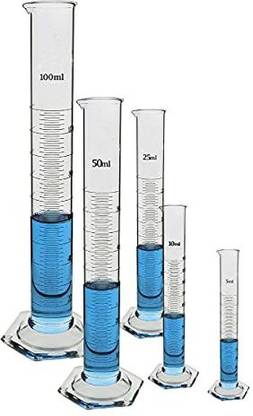Salco Borosilicate Glass Measuring Cylinder 5 ml, 10 ml, 25ml, 50ml, 100 ml - Set of 5 Heavy Duty Reusable Single Metric High Quality Glass Graduated Cylinder's for Laboratory Test (Pack of 5) Borosilicate Glass Graduated Cylinder