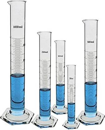 Salco Borosilicate Glass Measuring Cylinder 50ml, 100 ml, 250 ml, 500 ml, 1000 ml - Set of 5 Heavy Duty Reusable Single Metric High Quality Glass Graduated Cylinder's for Laboratory Test (Pack of 5) Borosilicate Glass Graduated Cylinder