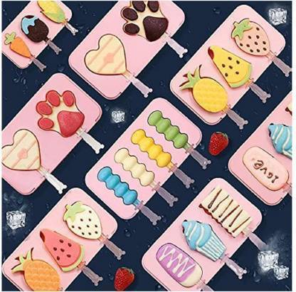 D-mark 3 Cavities Reusable Colorful Silicone Ice Cream Bar Popsicle Mold / Chocolate Candy Mould / Ice Pop Kulfi Mold with Sticks and Lid (Multidesign - Multicolor) Multicolor Plastic Ice Cube Tray