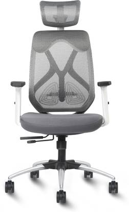 Exclusiff Zen High back White Grey Mesh Executive Office chair with Multi Lock Mechansim with Seat Slider, 2 Dimensional Adjustable Arm rest with adjustable Headrest Nylon Office Adjustable Arm Chair