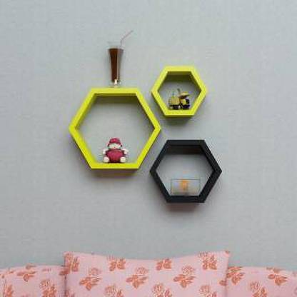 woodofrehman wooden wall decor shelves of 3 xexa color multi yellow black Wooden, MDF (Medium Density Fiber) Wall Shelf