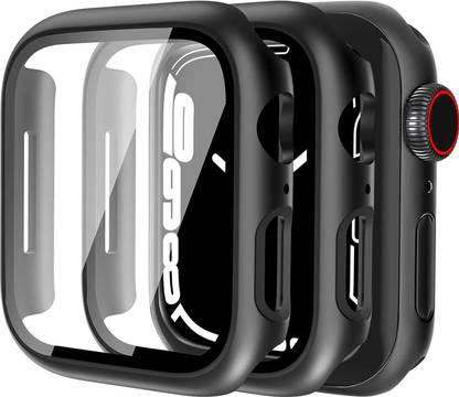Spinzzy Edge To Edge Tempered Glass for iWatch 45mm Series SE/6/5/4/3/2/1 Built-in Screen Protector, Hard PC Protector Cover for iWatch (Black)