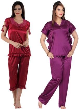 Women Solid Multicolor Night Suit Set