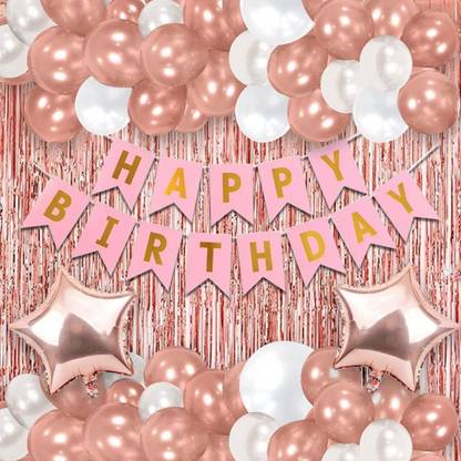 Bash N Splash Solid Happy Birthday Decoration Kit 49Pc Rose gold HBD with Balloon curtain & Star Balloon