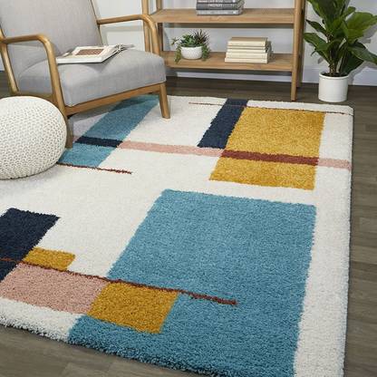 RM Handloom Light Blue, Yellow Polyester Carpet