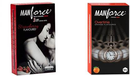 MANFORCE 3 in 1 Wild Ribbed Contour Dotted Strawberry Flavor Condoms - 10 Pieces & 3 in 1 Condoms (Ribbed, Contour, Dotted), Overtime Orange Flavoured- 10 Pieces Condom